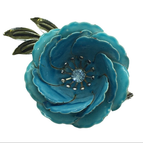 Signed Coro Large Blue Enamel Rhinestone Brooch - Picture 4 of 7